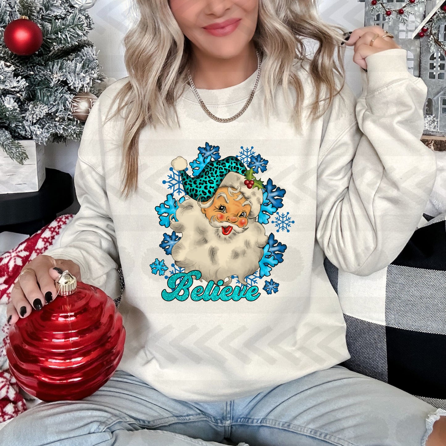 Believe santa with snowflakes BLUE 14429 DTF Transfer