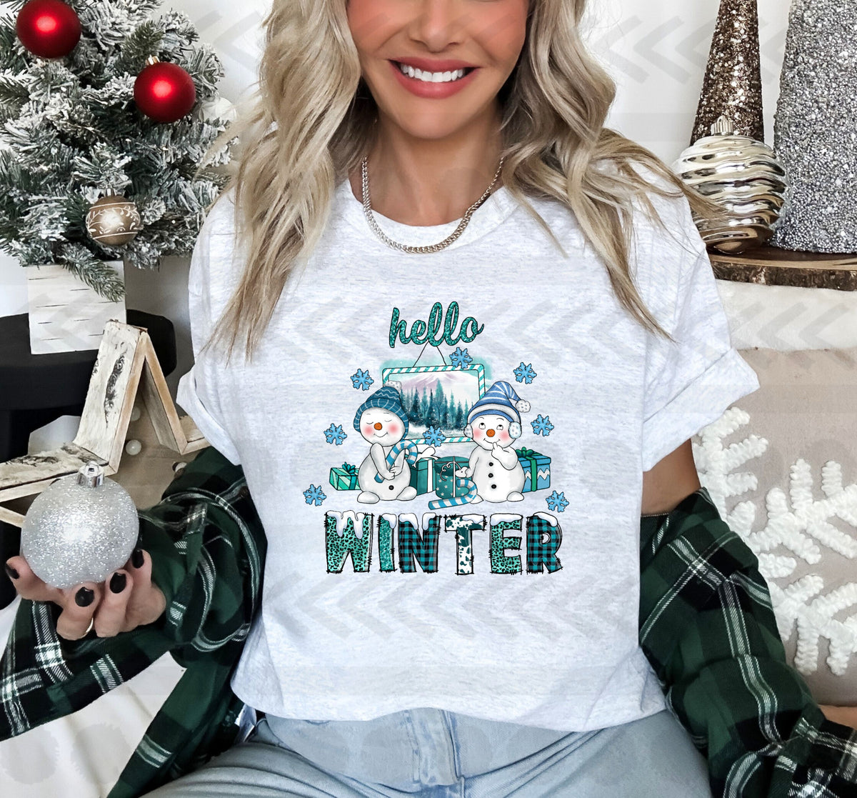Hello winter blue green with snowmen 14775 DTF transfer