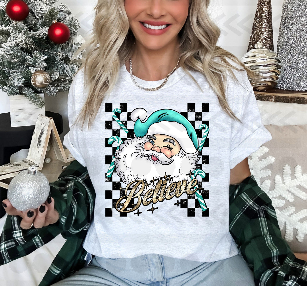 Believe turquoise santa checkered  14780 DTF transfer