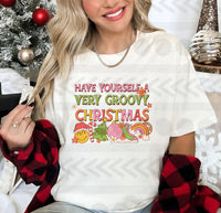 Have yourself a very groovy christmas (smiley face, candy cane, tree, ornament, skate, rainbow, mirrorball) 14567 DTF Transfer