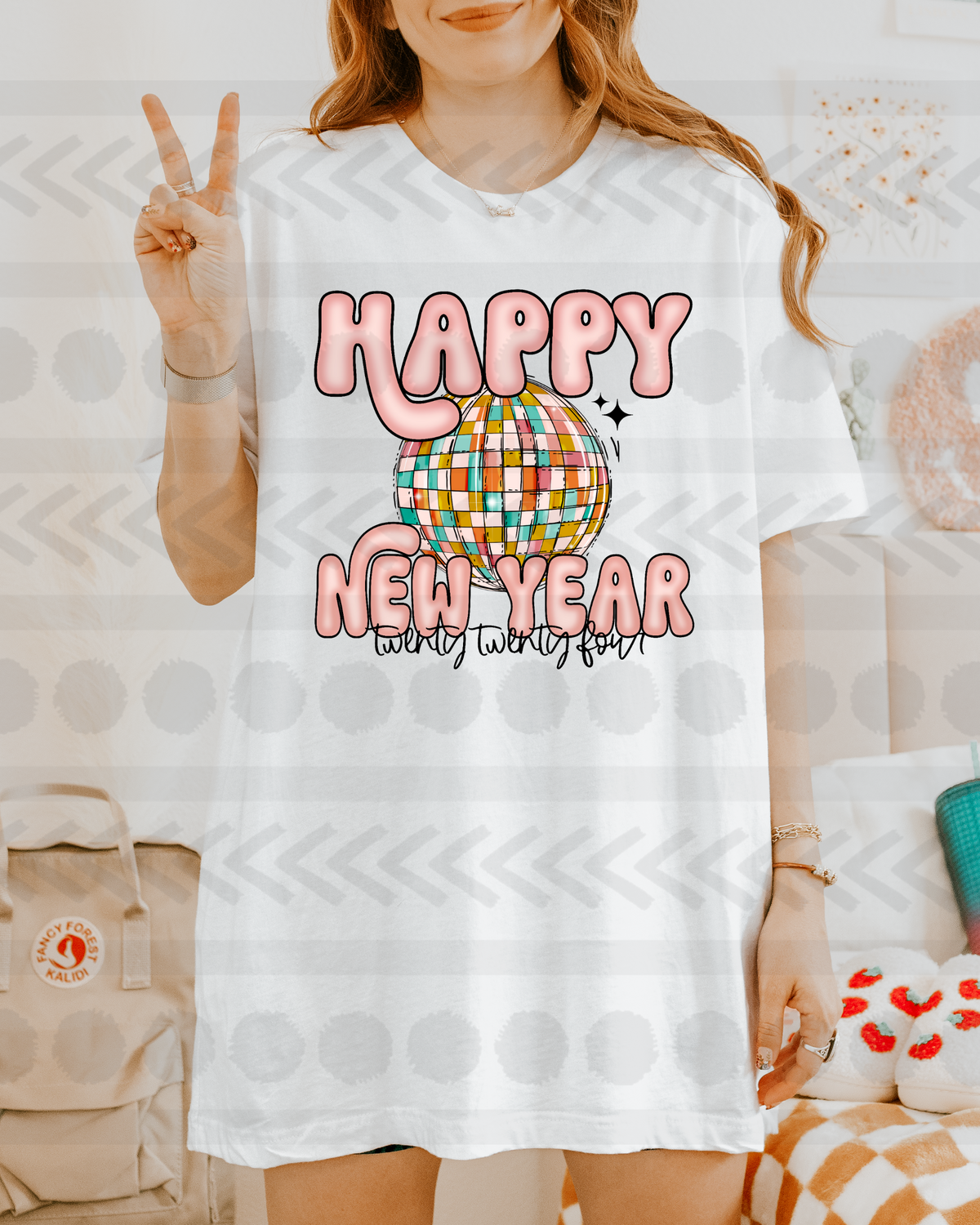 Happy new year pink letters mirrorball 14469 DTF Transfer