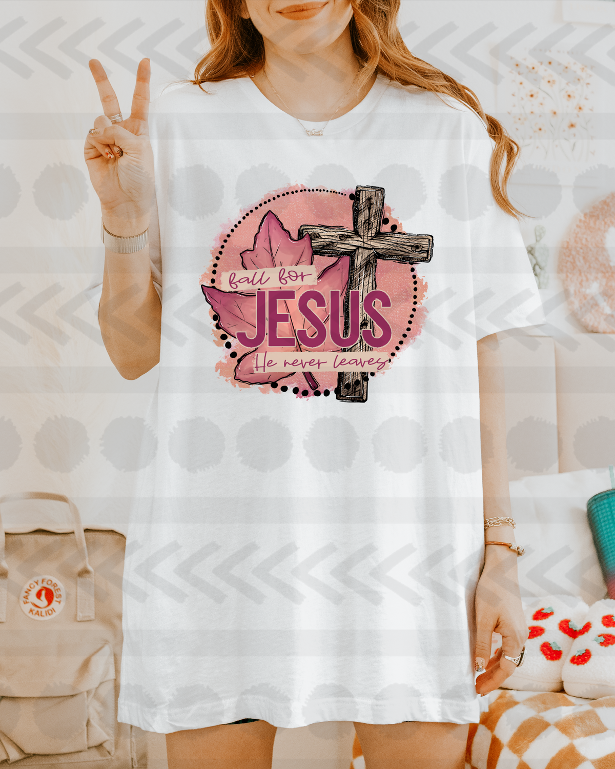 Fall for jesus he never leaves PINK 14456 DTF Transfer