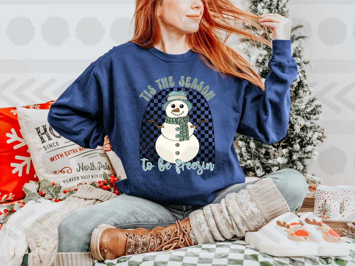 Tis the season to be freezin blue snowman with checkered background 14506 DTF Transfer