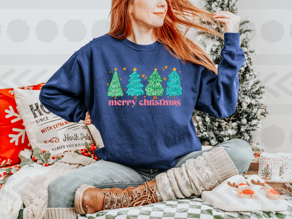 Merry christmas pink font blue and green trees 14504 DTF Transfer