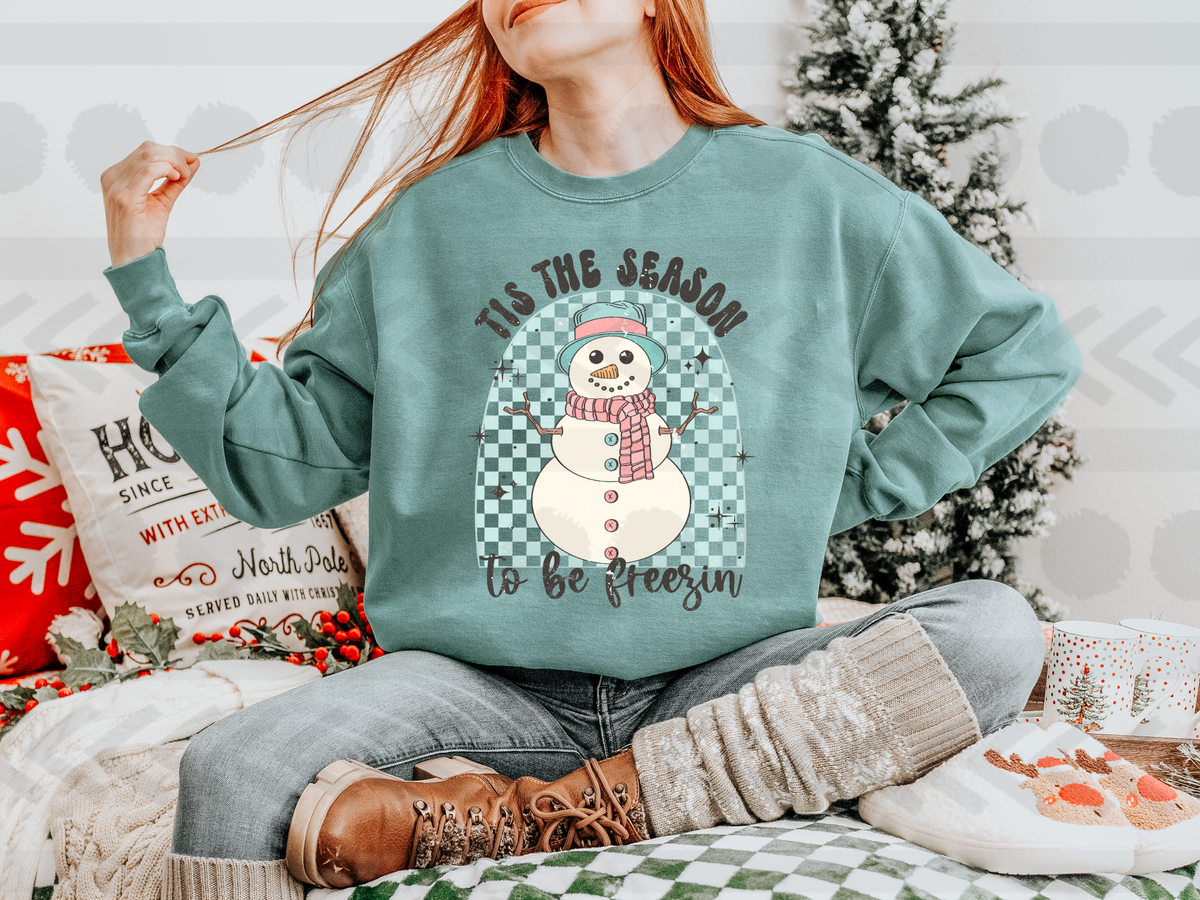 Tis the season to be freezin snowman with LIGHT blue checkered background  14529 DTF Transfer