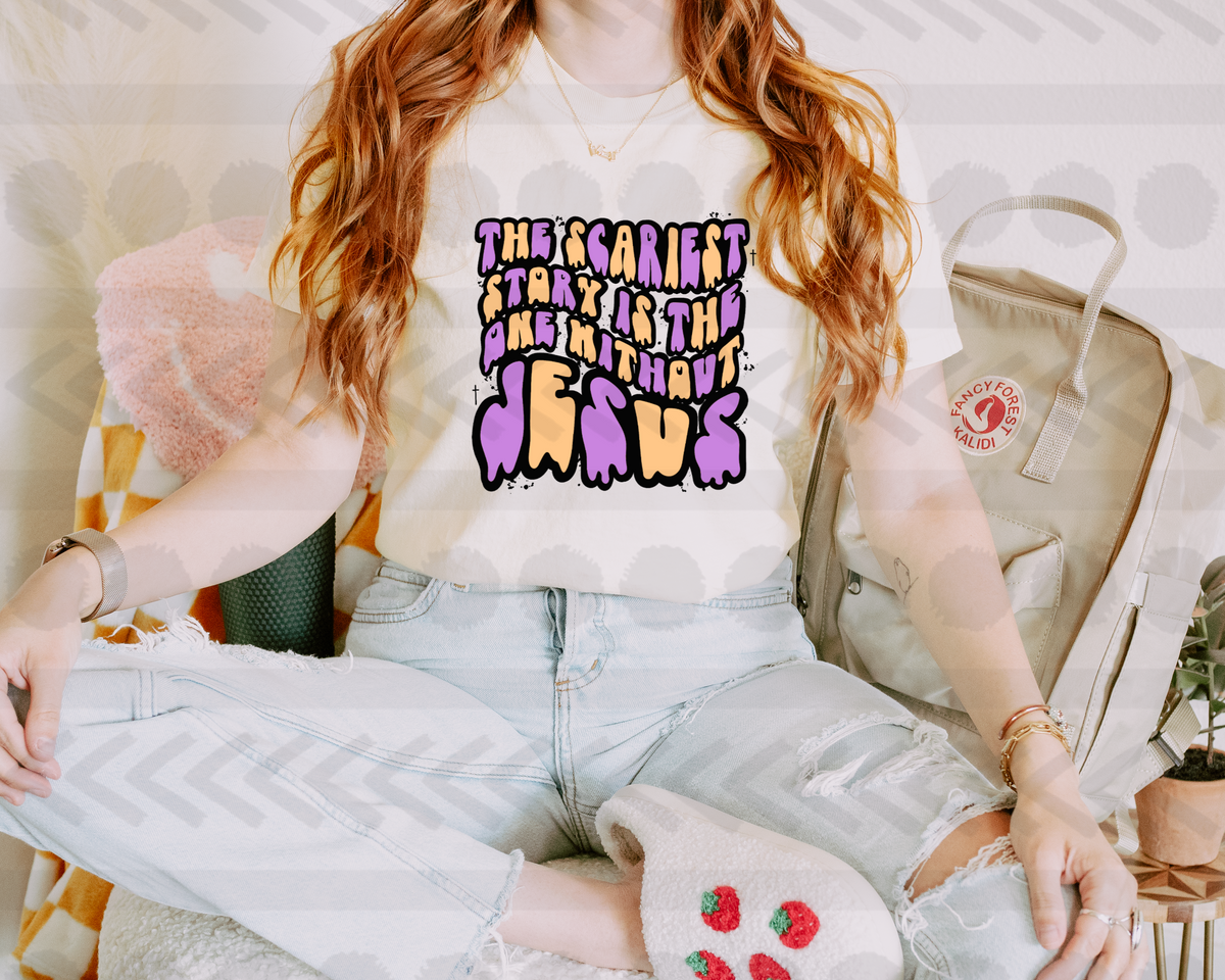 The scariest storu is the one without jesus (purple and yellow) 14544 DTF Transfer