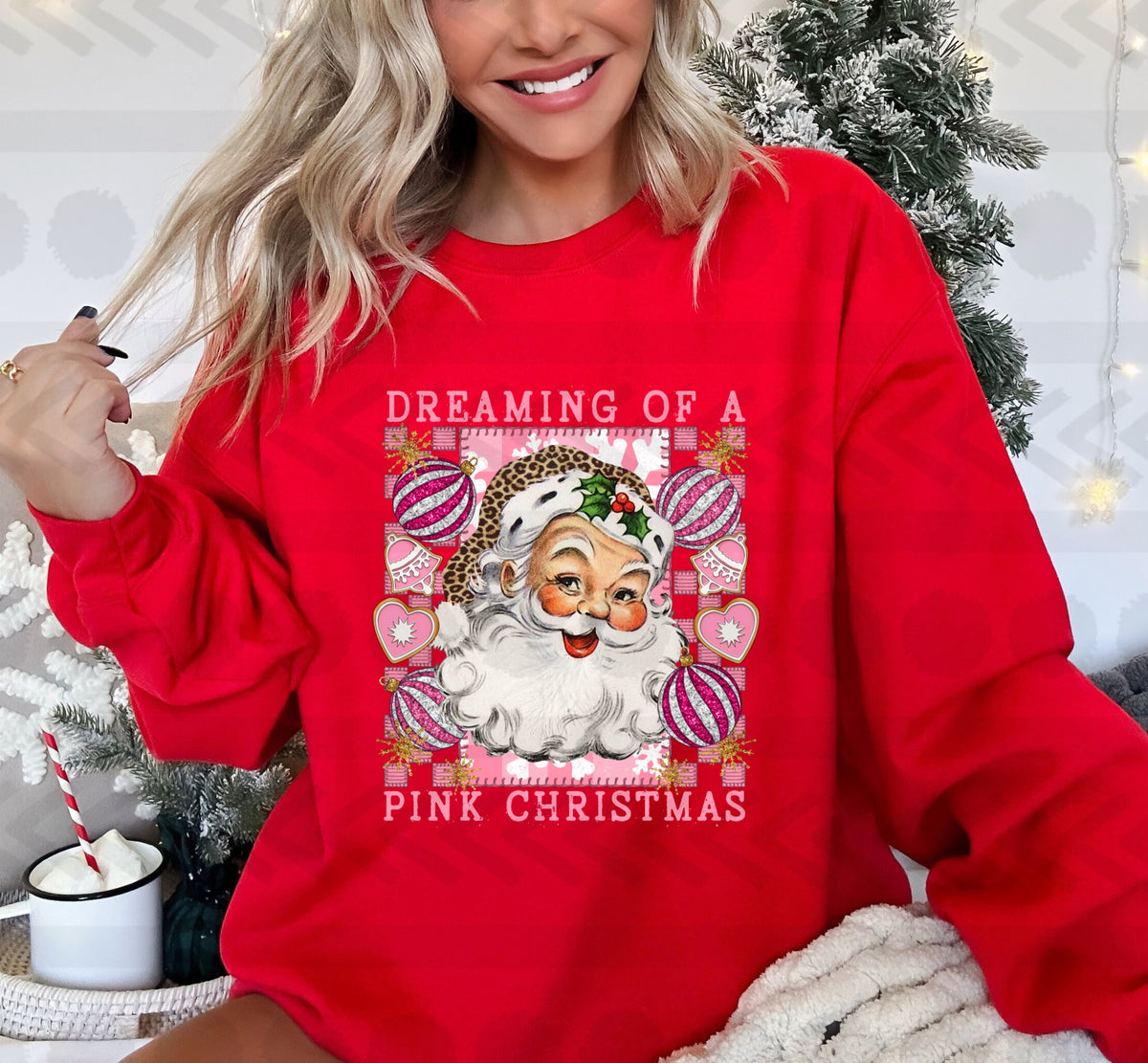 Dreaming of a pink christmas santa with ornaments and cookies 14606 DTF Transfer
