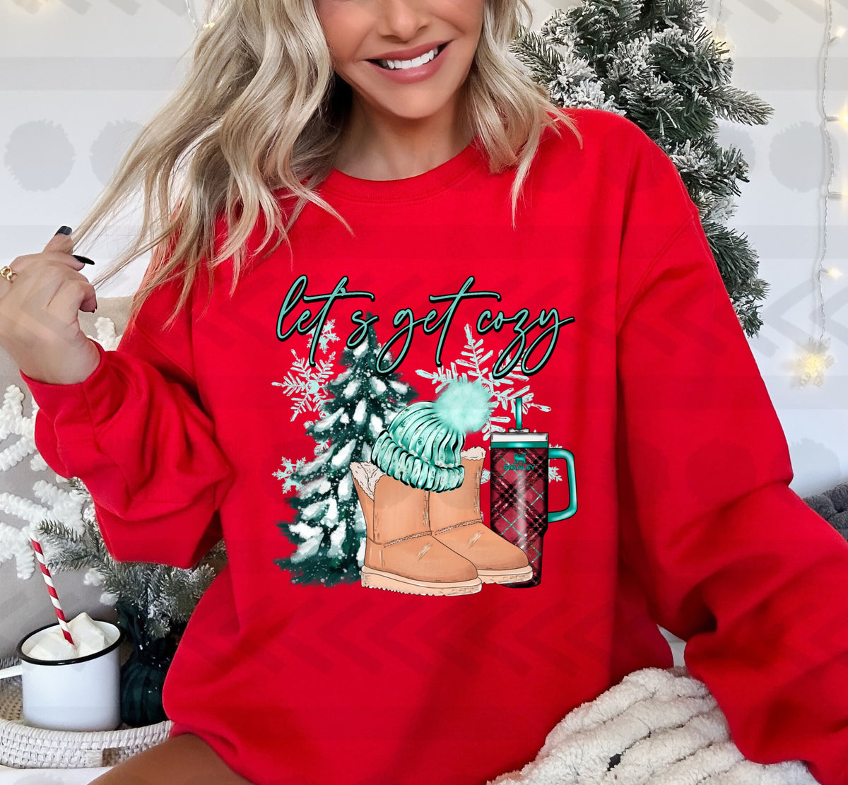 Lets get cozy (tree, boots and tumbler) 14604 DTF Transfer