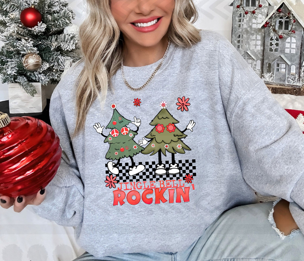Jingle bell rockin 2 trees checkered RED 14698 DTF transfer