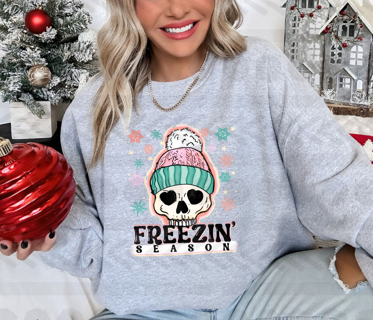Freezin season skull pink teal hat 14695 DTF transfer