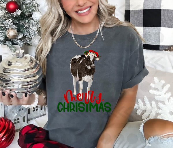 Merry christmas cow with santa hat 14882 DTF transfer
