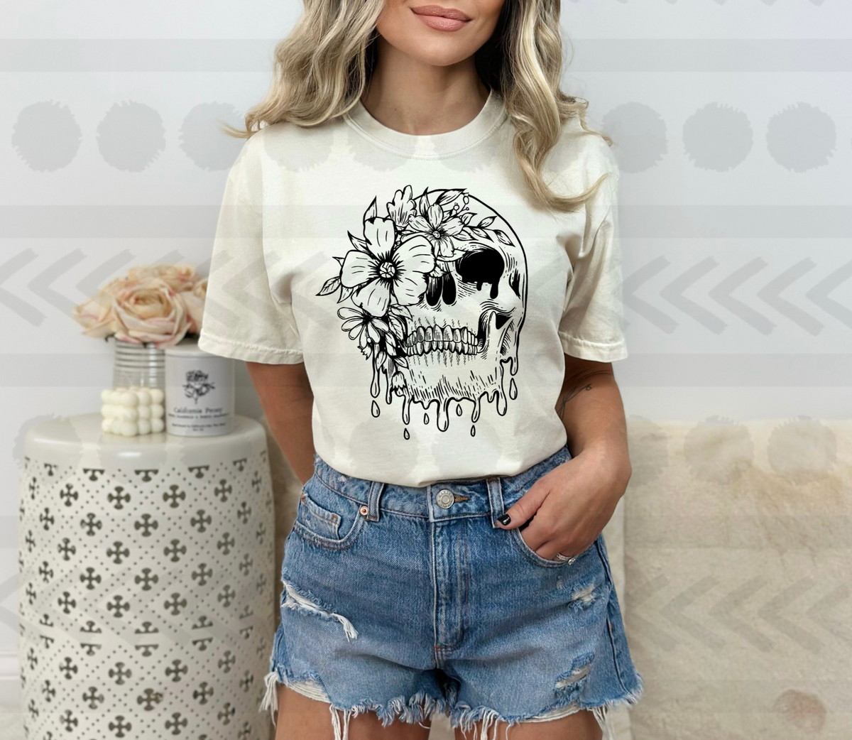 Floral dripping skull BLACK 18311 DTF transfer