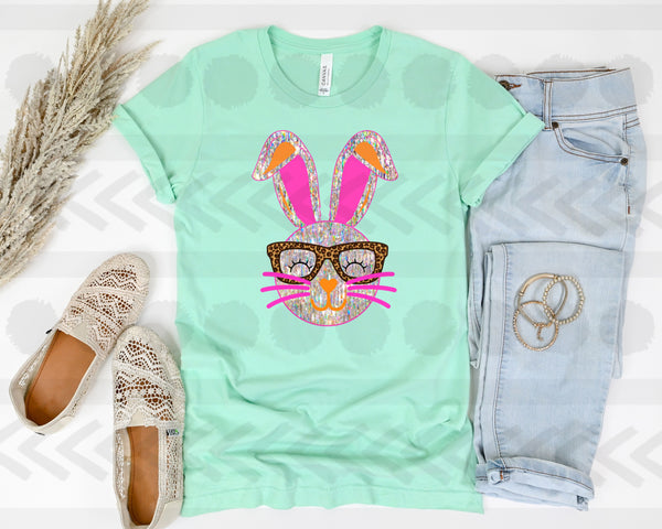 Bunny with leopard glasses glitter 18563 DTF transfer