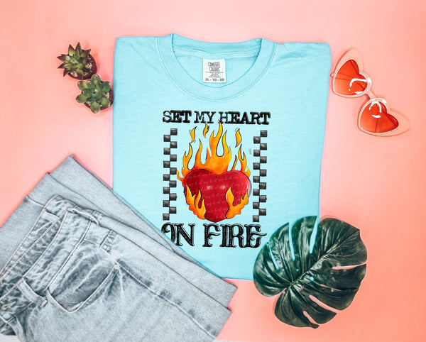 Set my heart on fire firey heart checkered  18951 DTF transfer