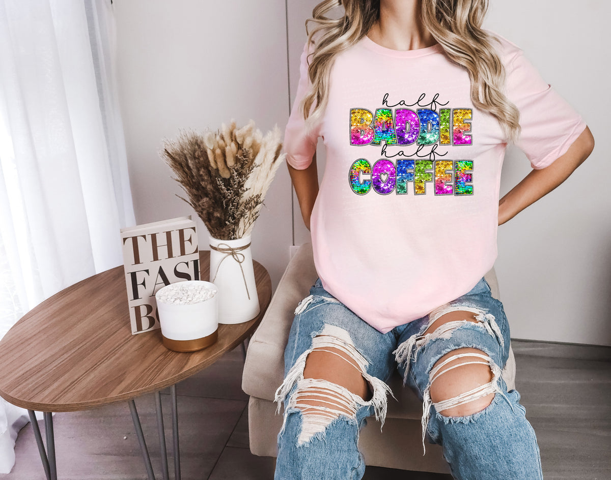 Half baddie half coffee tie dye sequin 18921 DTF transfer