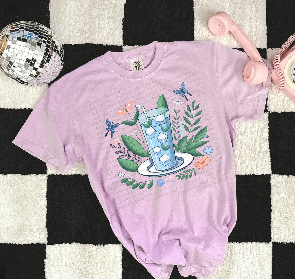 Glass of iced water with florals and butterflies 22186 DTF transfer