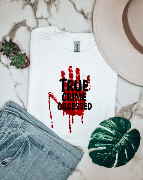 True crime obsessed bloody hand 22512 DTF transfer