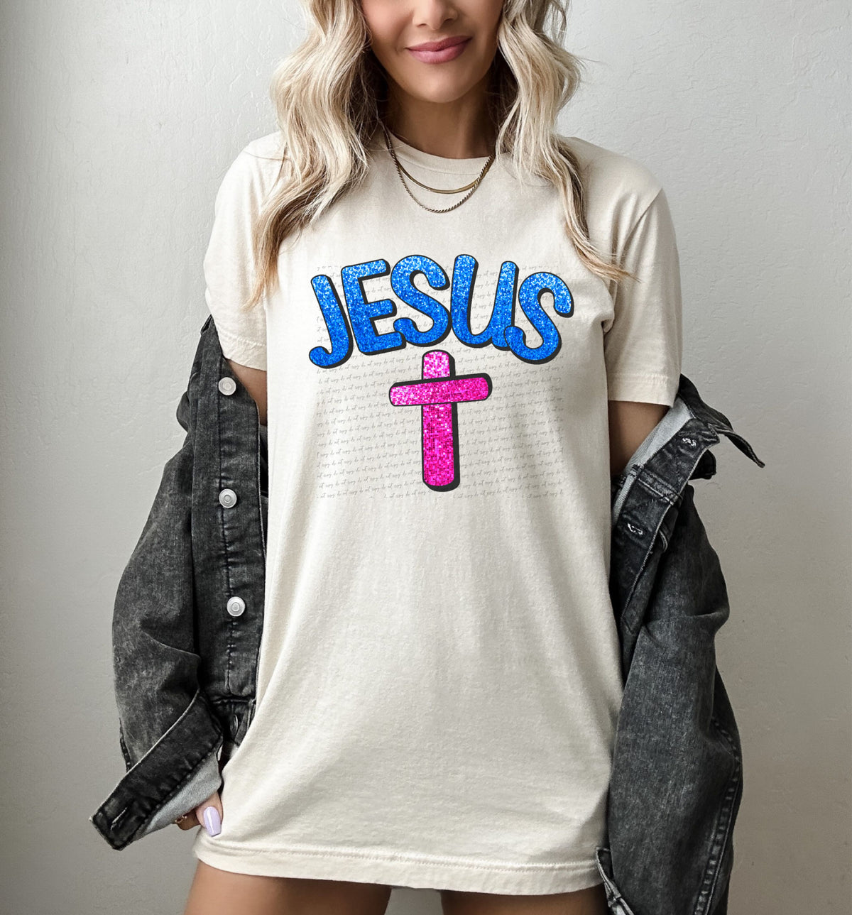 Jesus blue sequin pink cross 22384 DTF transfer