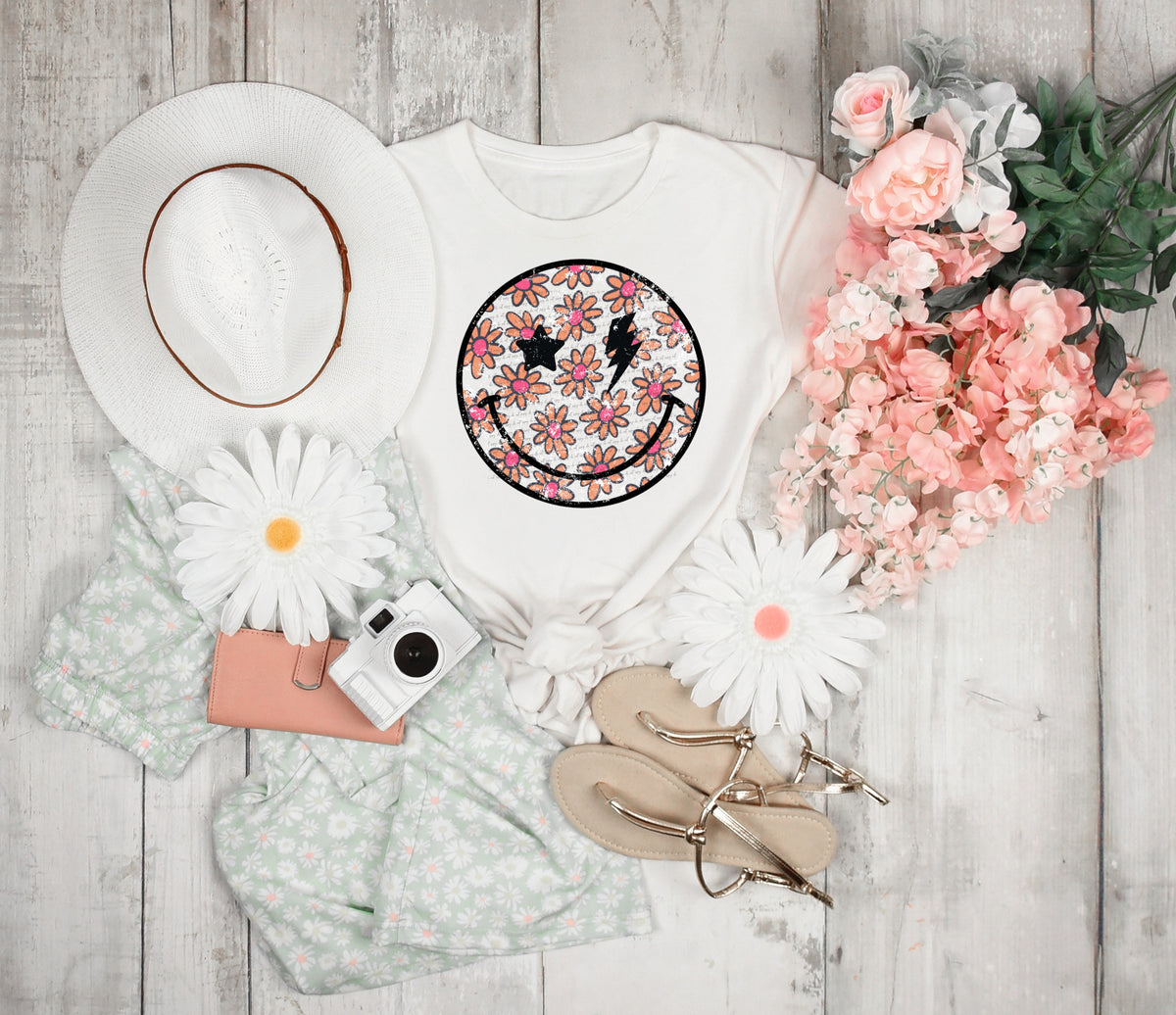 Brown floral smiley  22362 DTF transfer