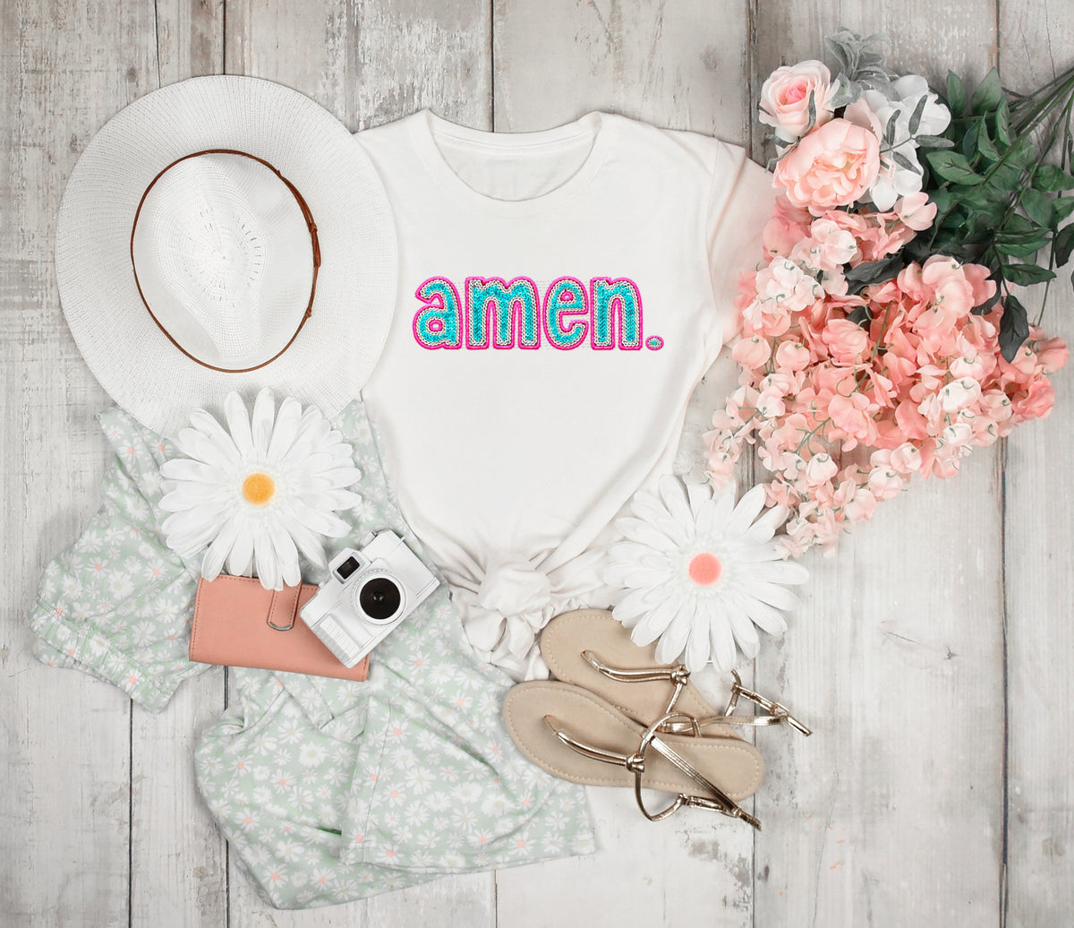 Amen pink blue FAUX sequin 22366 DTF transfer