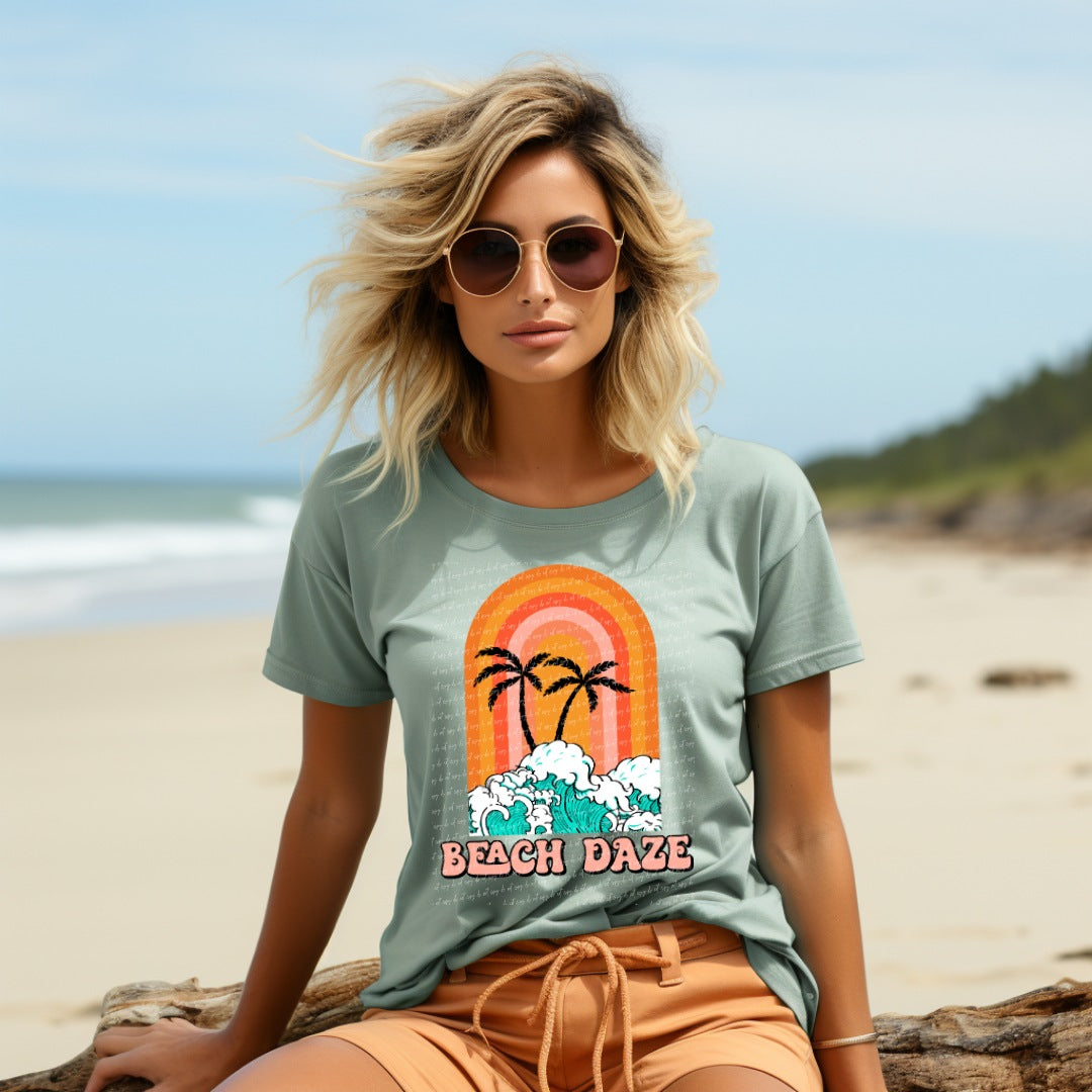 Beach daze waves palm trees rainbow  22728 DTF transfer