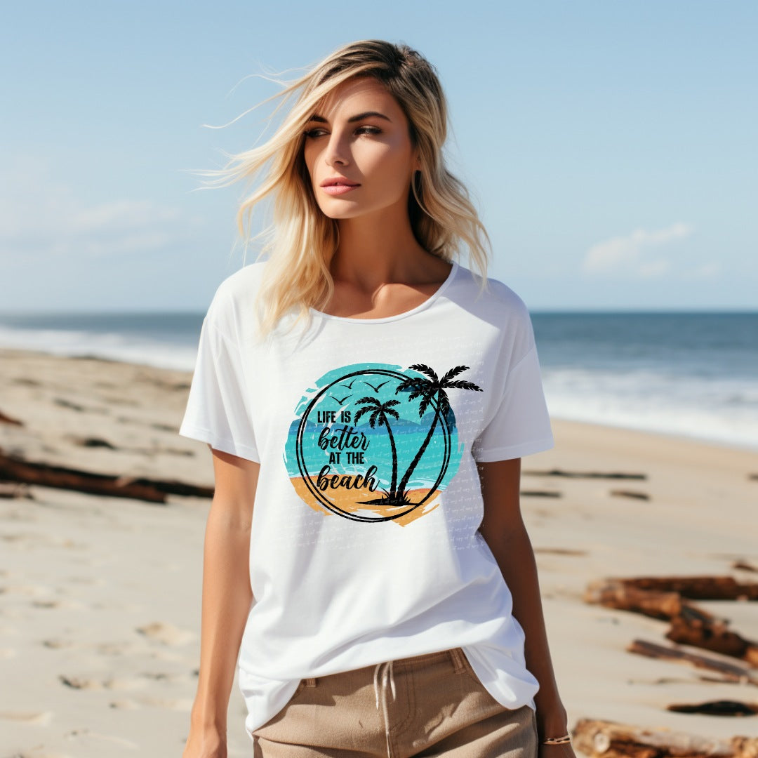 Life is better at the beach circle beach scene palm trees  22722 DTF transfer