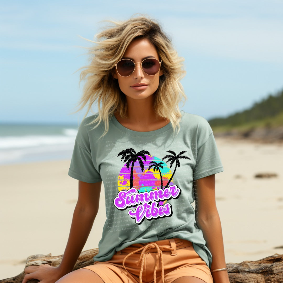 Summer vibes splat background palm trees 22715 DTF transfer