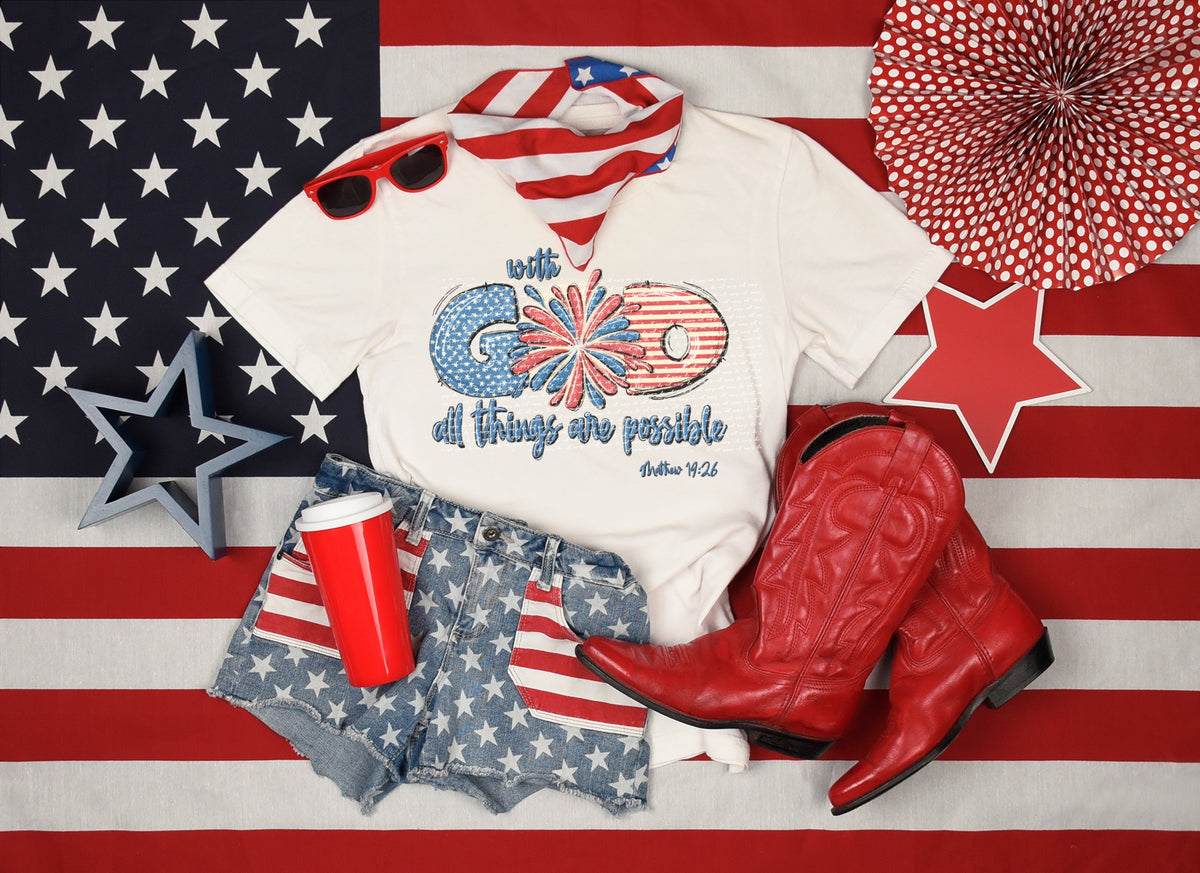 With God all things are possible red white blue polka dot 22829 DTF transfer