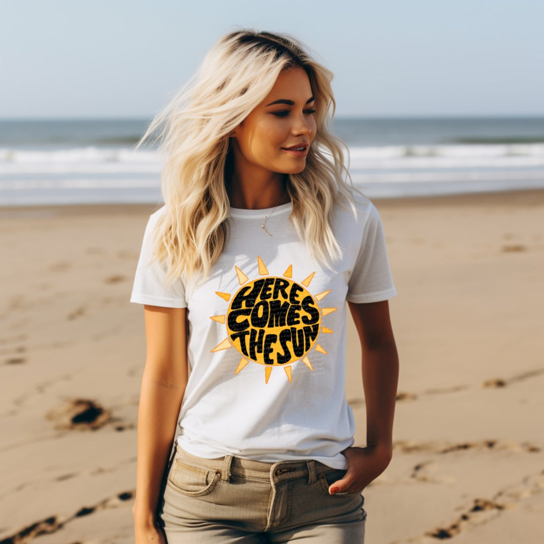 Here come the sun black letters 22901 DTF transfer