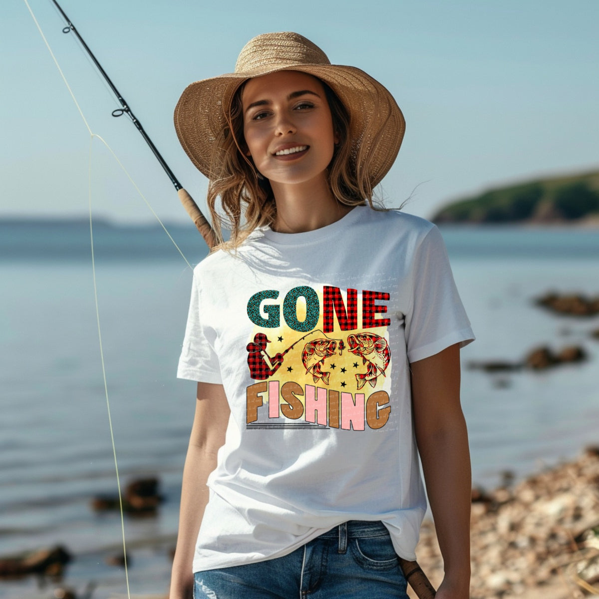 Gone fishing leopard red plaid  22940 DTF transfer