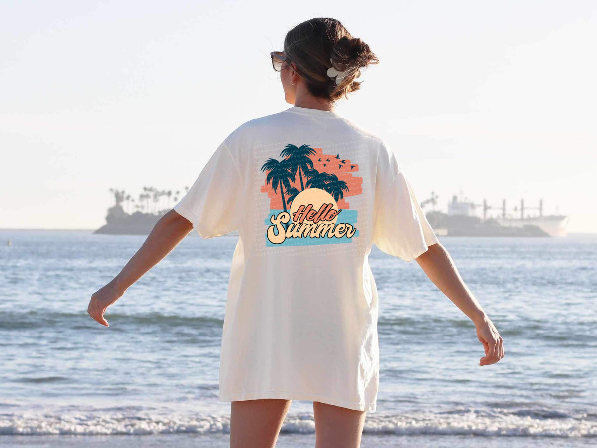 Hello summer muted colors palm trees 28010 DTF transfer