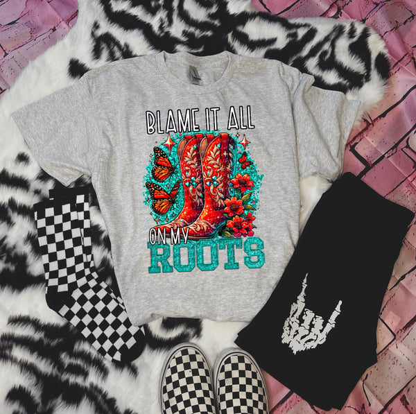 Blame it all on my roots boots butterflies teal background 28179 DTF transfer