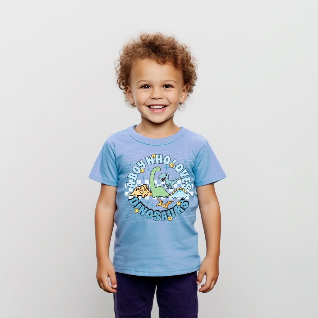 Boy who loves dinosuars WHITE checkered BOY 28251 DTF transfer