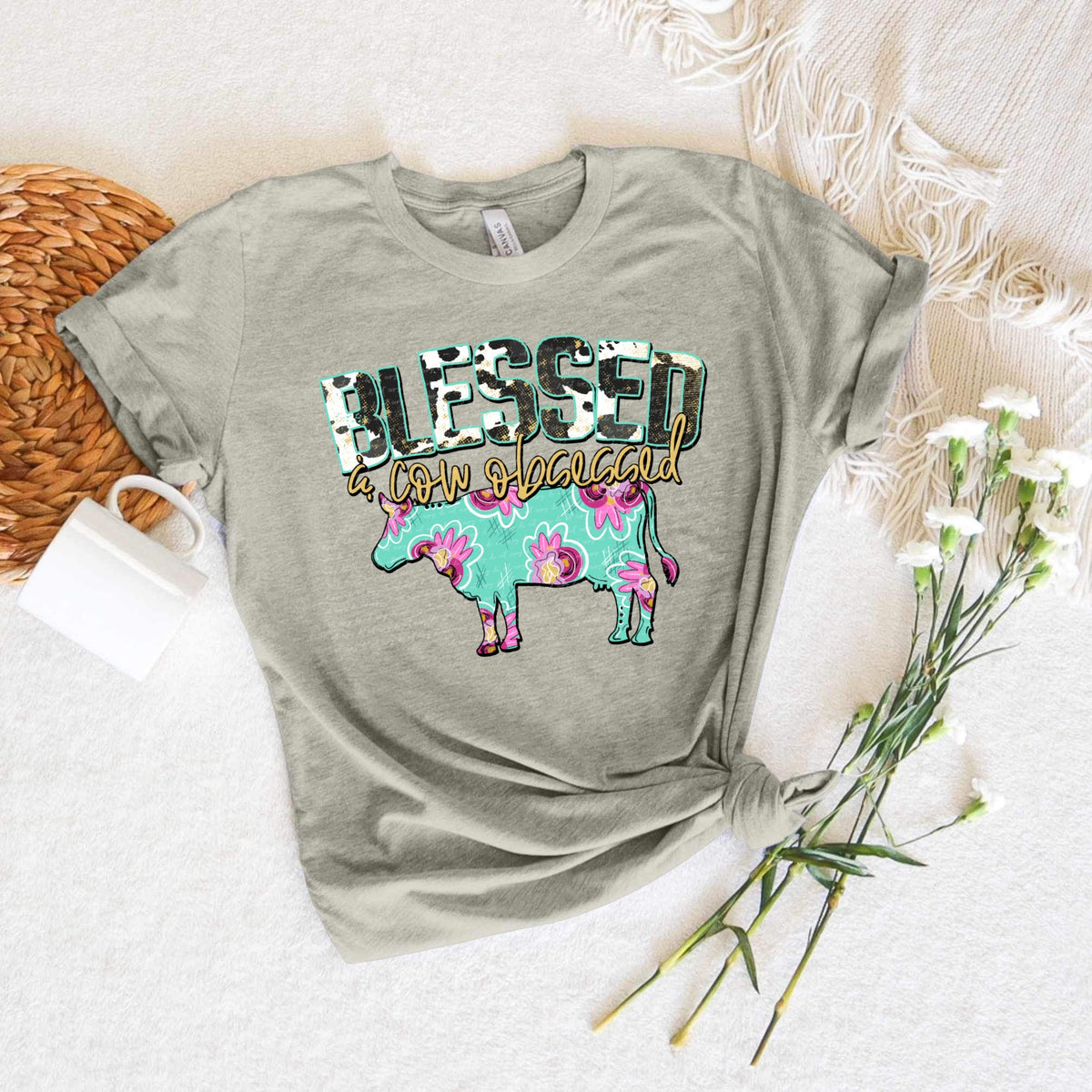 Blessed and cow obsessed cowprint and floral print 28281 DTF transfer
