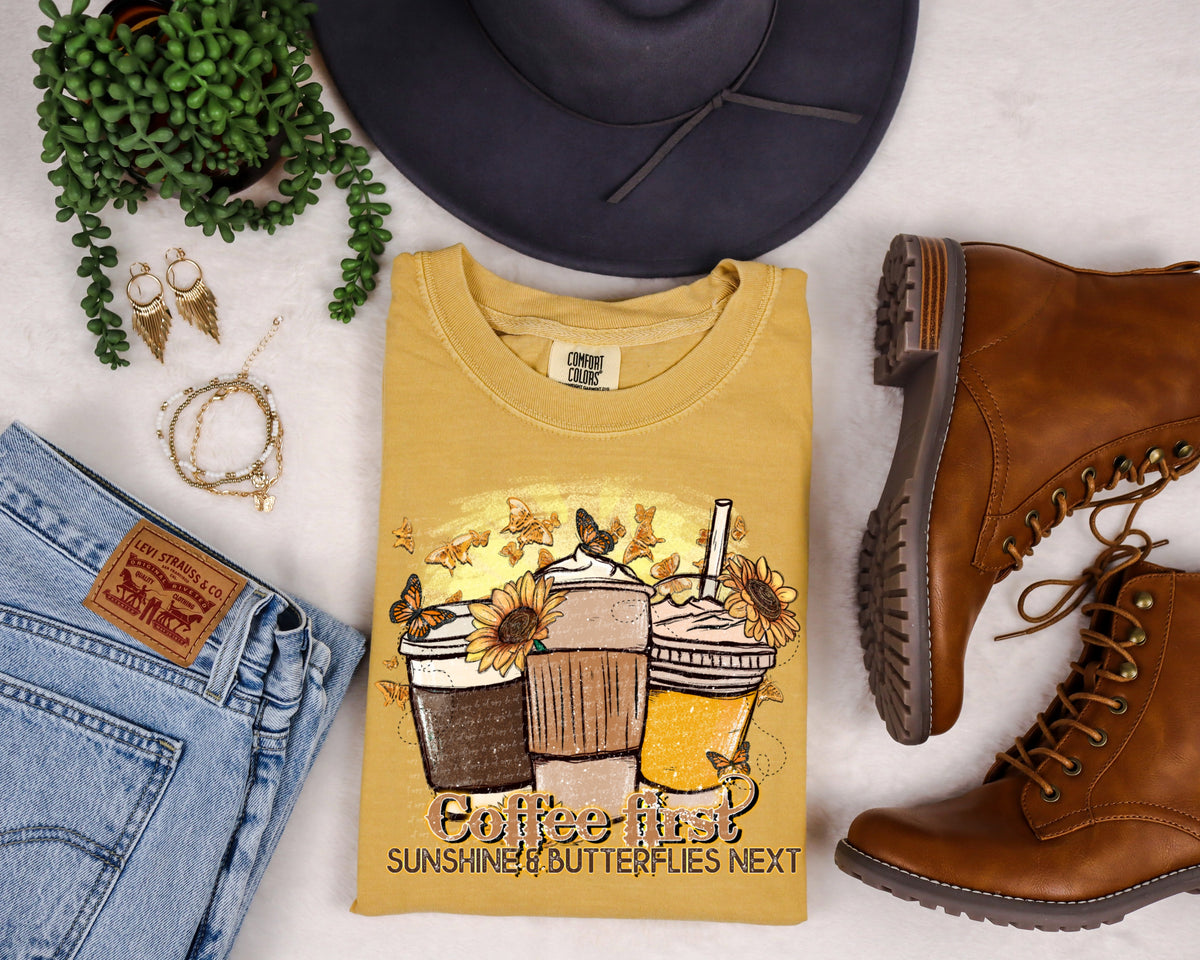 Coffee first sunshine and butterflies next 28509 DTF TRANSFER