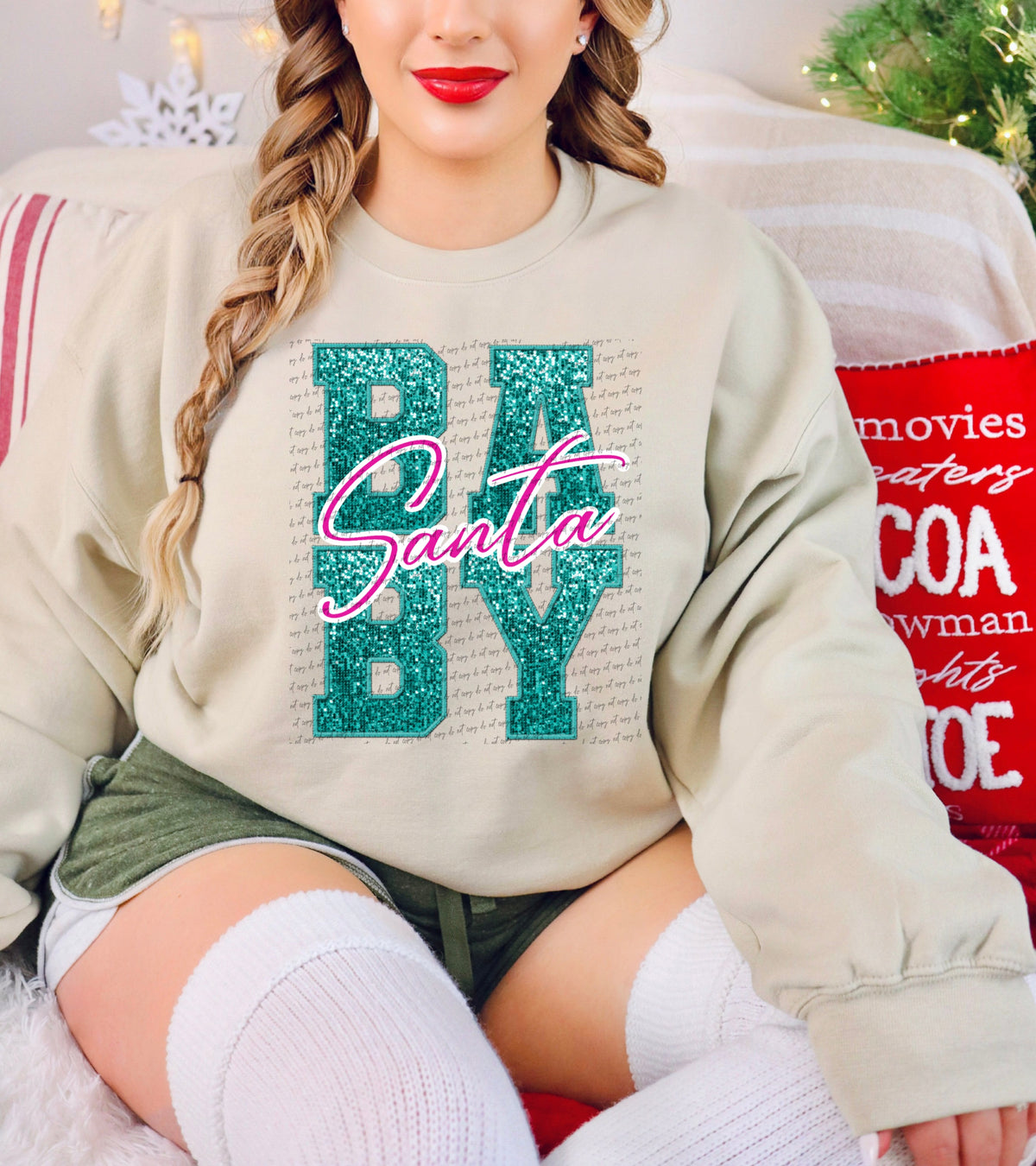 Santa baby teal and pink white outline sequin (City) 34929 DTF transfer