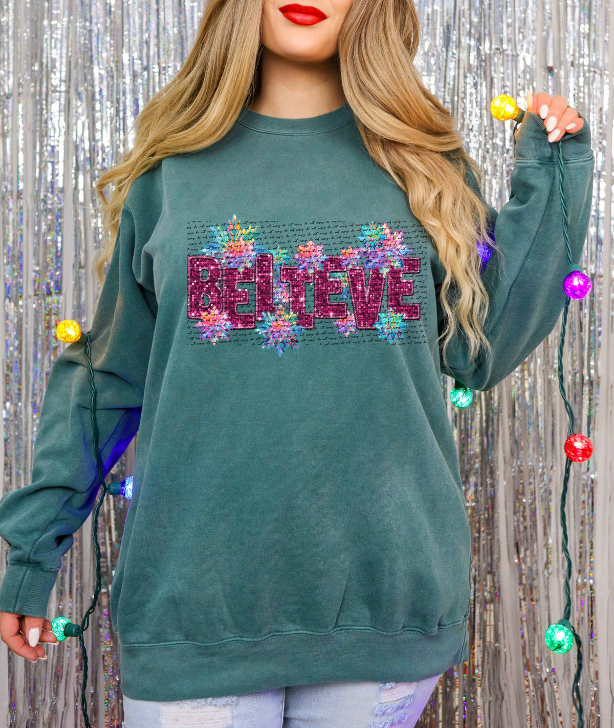 Believe hot pink sequin colorful snowflakes (City) 34944 DTF transfer