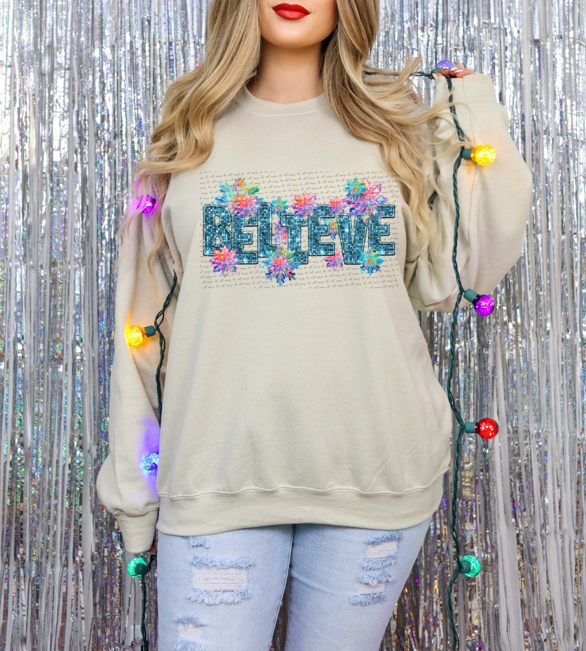 Believe teal sequin colorful snowflakes (City) 34946 DTF transfer