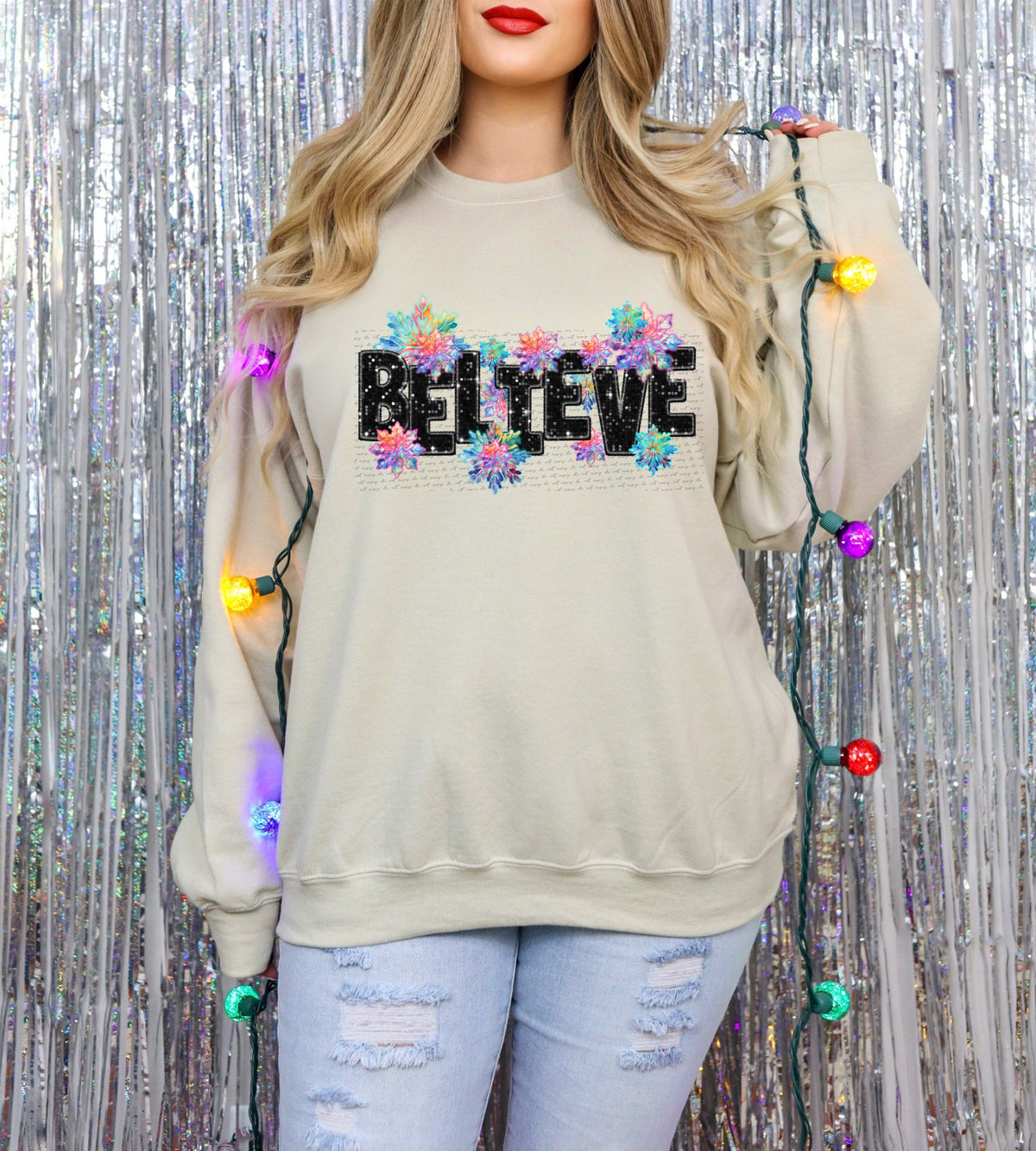 Believe black sequin colorful snowflakes (City) 34947 DTF transfer