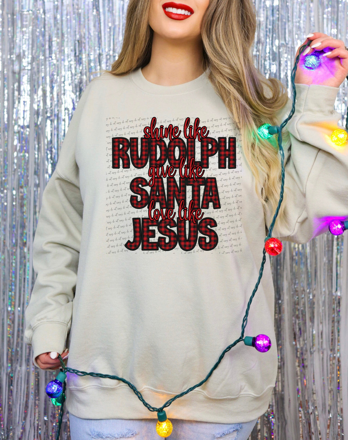 Shine like rudolph give like santa love like jesus PLAID  (City) 34899 DTF transfer