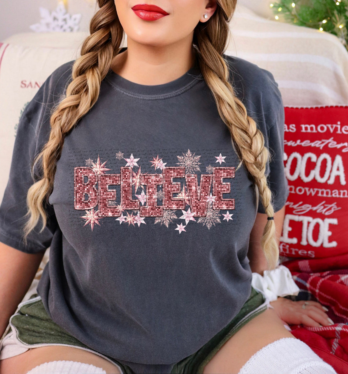 Believe pink sequin silver snowflakes (City) 40185 DTF transfer