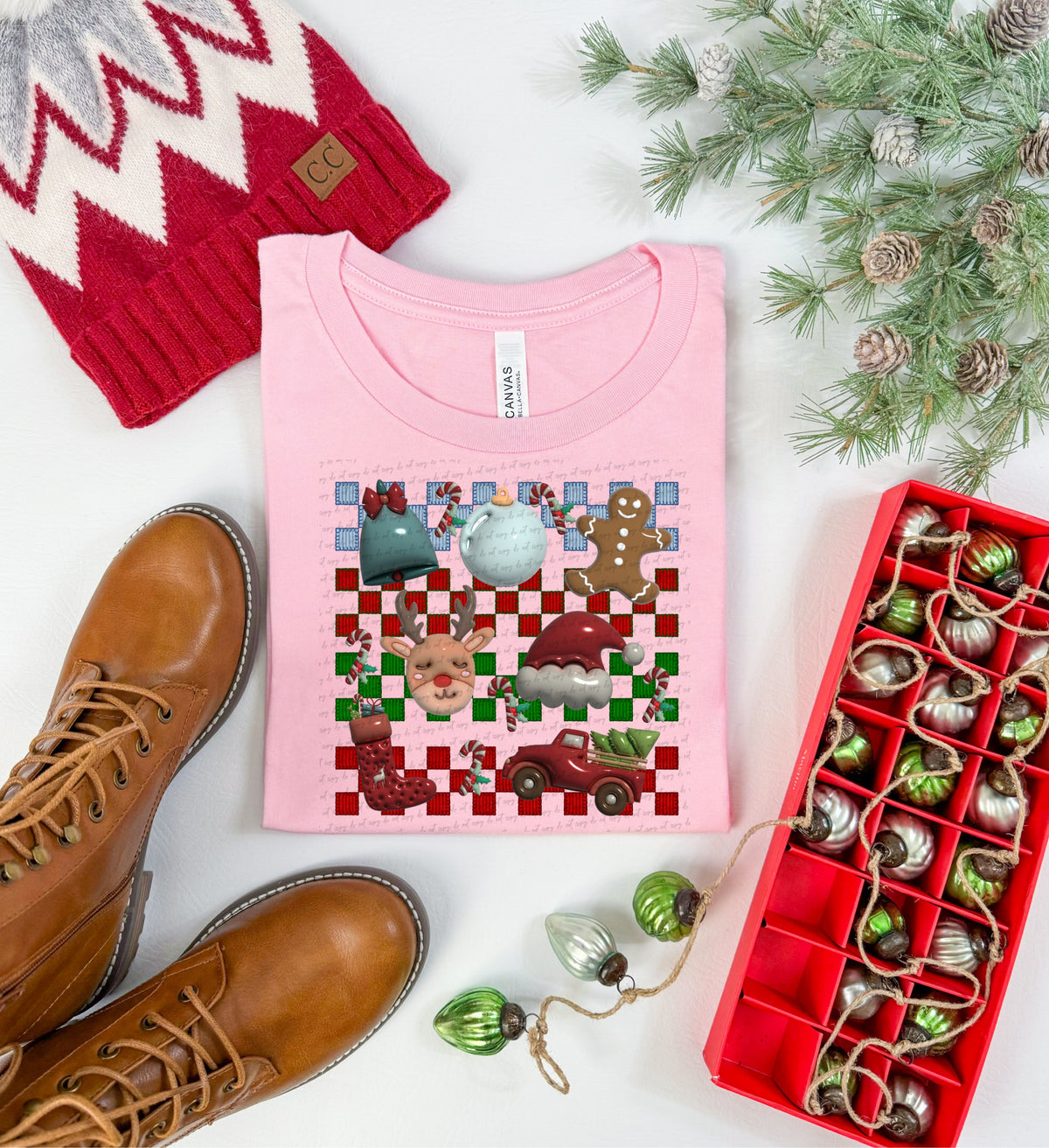 Christmas items checkered background BLUE RED GREEN (City) 40165 DTF transfer