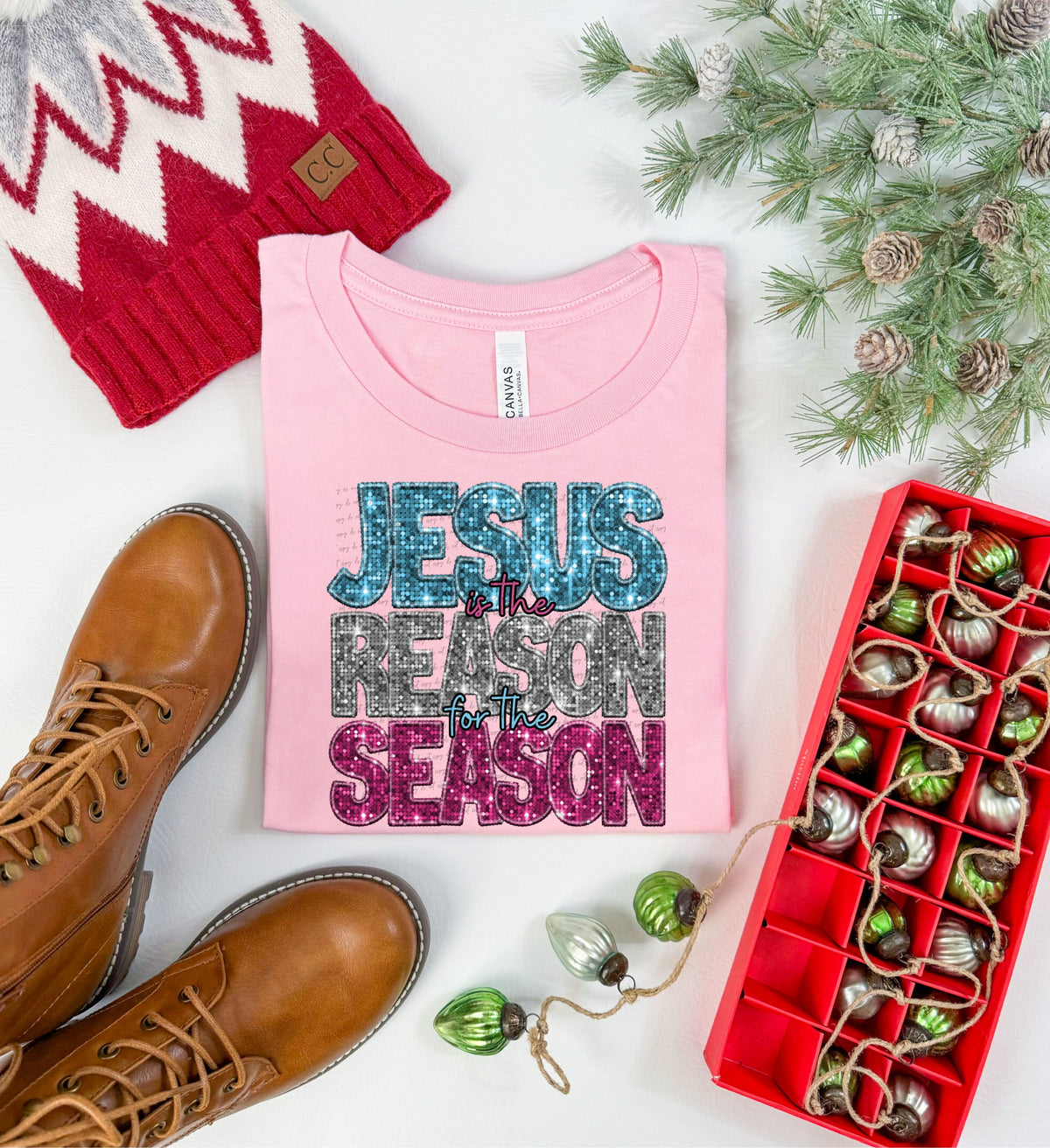 Jesus is the reason for the season sequin blue silver pink (City) 40160 DTF transfer
