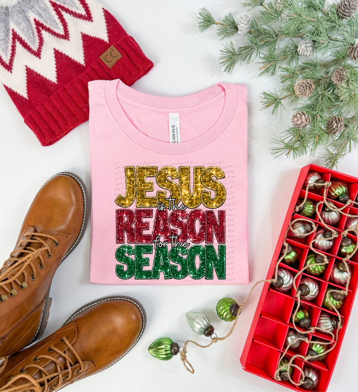 Jesus is the reason for the season sequin gold red green (City) 40159 DTF transfer