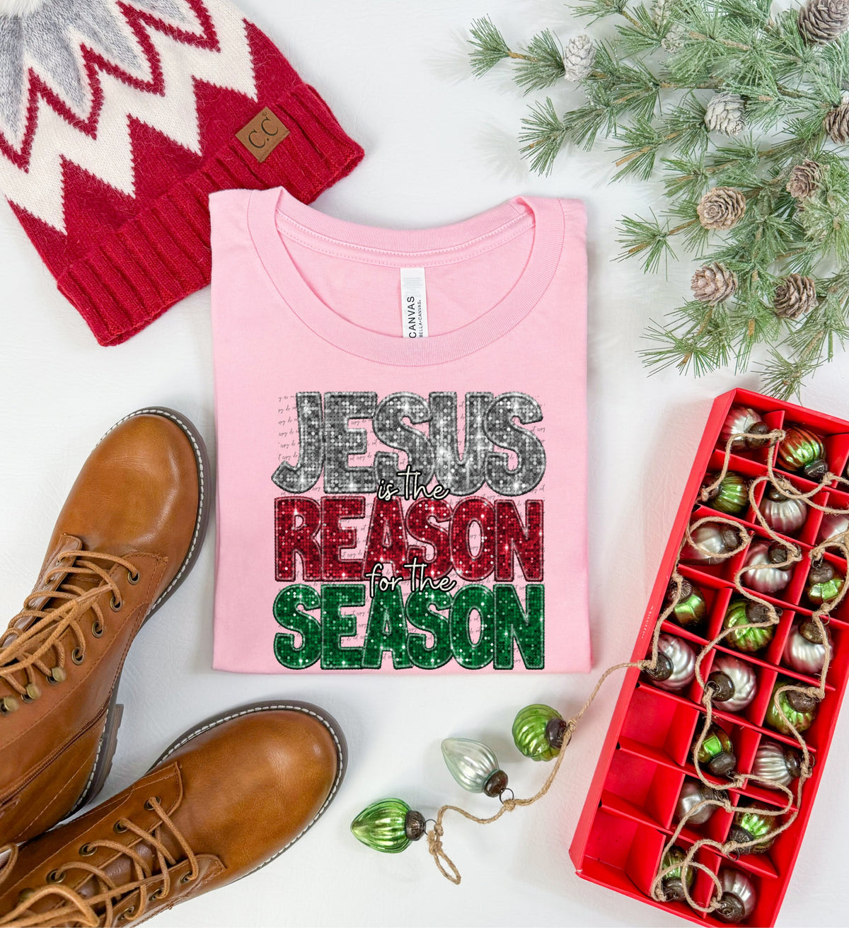 Jesus is the reason for the season sequin slive red green (City) 40158 DTF transfer