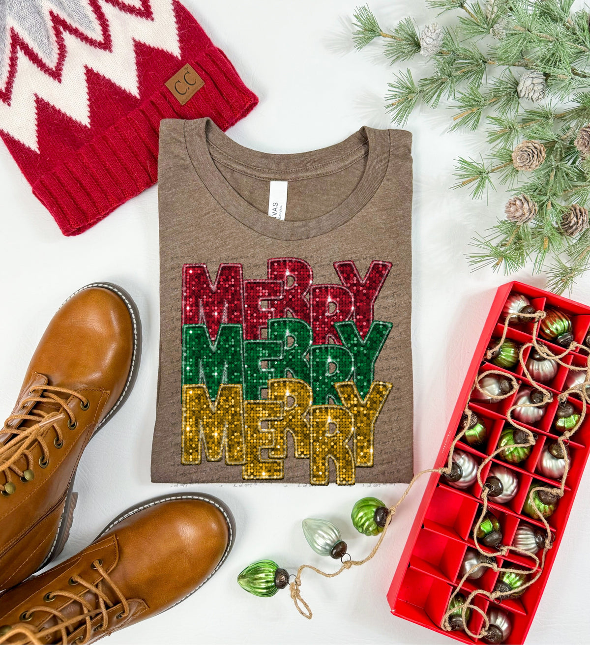 Merry stacked red green gold sequin (City) 40140 DTF transfer