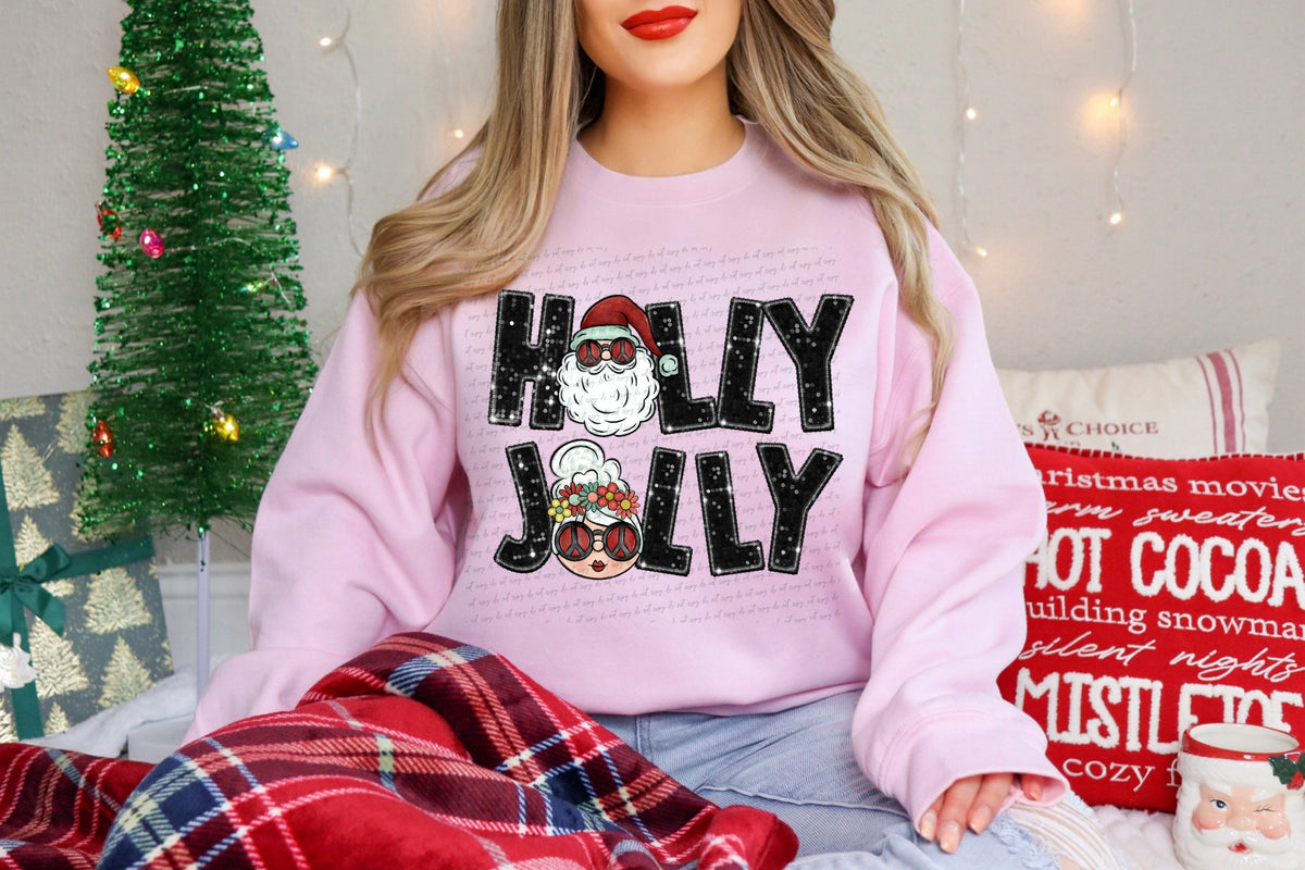 Holly jolly BLACK sequin santa and mrs claus (City) 40016 DTF transfer