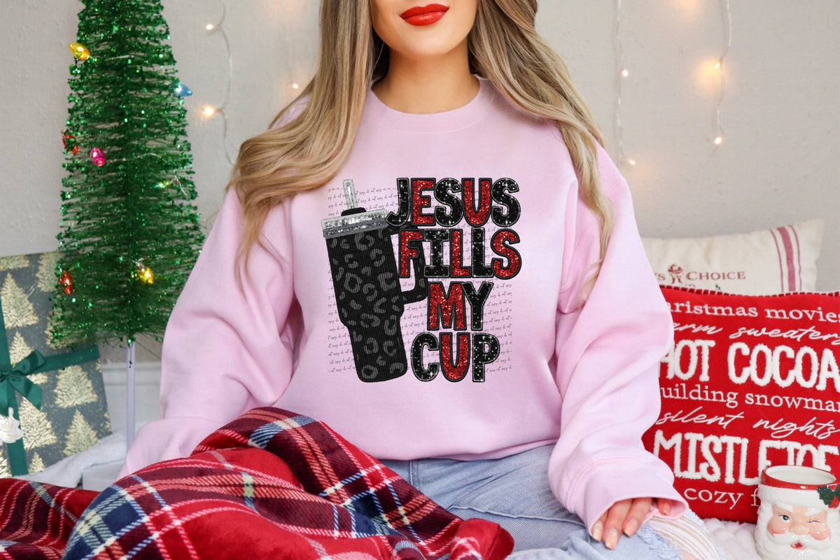 Jesus fills my cup leopard BLACK cup red FONT  (City) 40008 DTF transfer