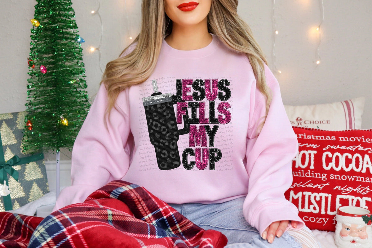 Jesus fills my cup leopard BLACK cup pink FONT  (City) 40007 DTF transfer