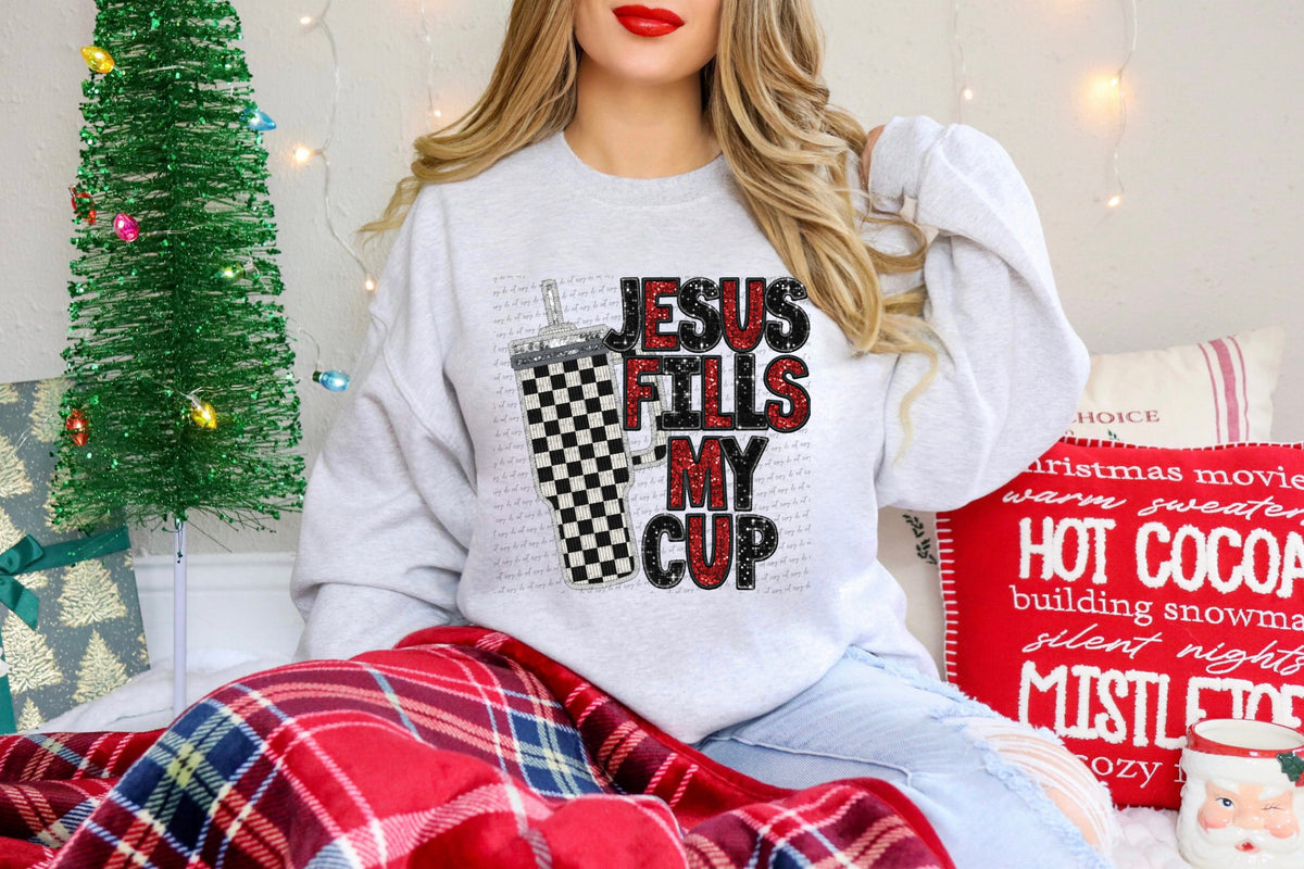 Jesus fills my cup checkered cup RED FONT  (City) 40005 DTF transfer